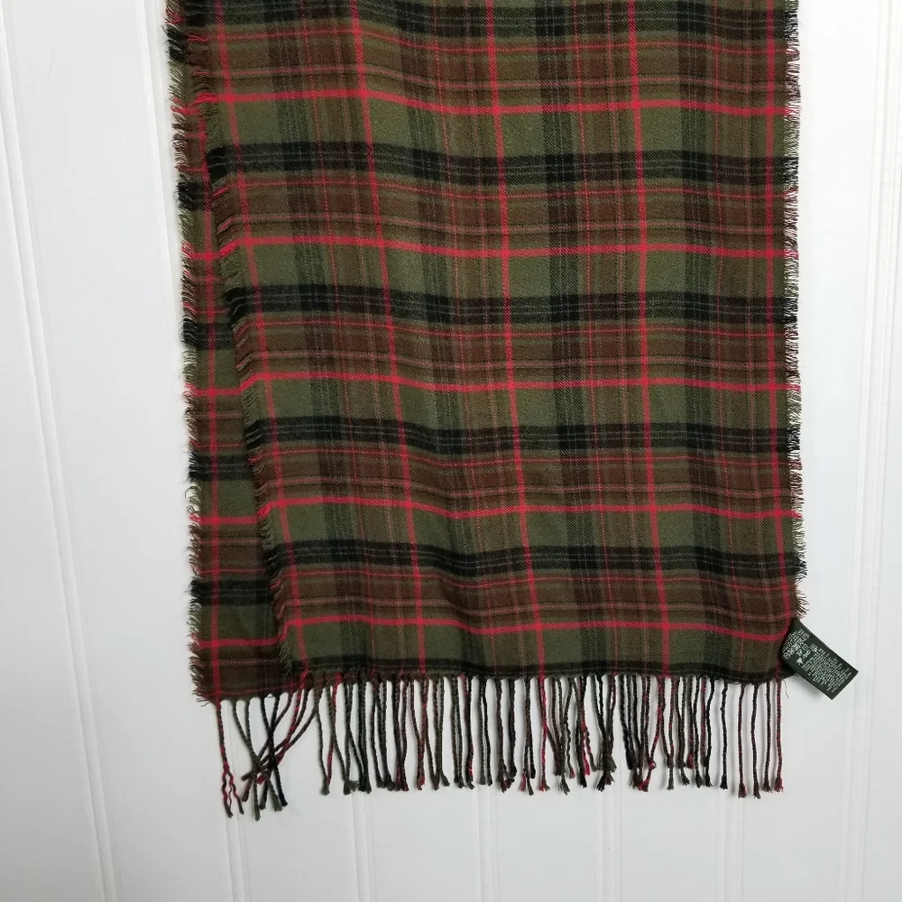 Eddie Bauer Red Green Plaid Flannel Scarf Fringe Winter Cozy Classic